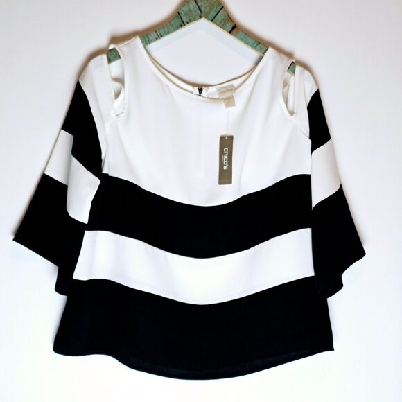 Chicos Women's Blocked Bold Stripe Cold-Shoulder 3/4 Long Sleeve Top, Sz 3 (XL) - Picture 1 of 8